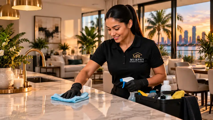 A cleaning professional wiping a stone kitchen counter with a microfiber cloth (illustration)