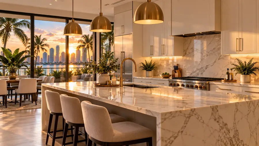 Stone countertops and a brass faucet in a finished kitchen